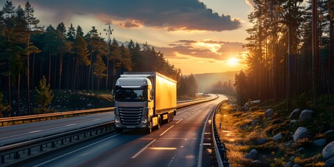 European transport truck loaded with cargo driving along freeway at sunset. Concept Transport Truck, European, Freeway, Sunset, Cargo Loaded