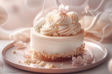 food photograph featuring a beautiful vanilla cream cake crafted in molecular kitchen style, beautifully decorated - obrazy, fototapety, plakaty
