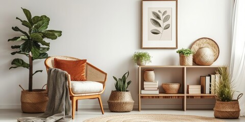 Stylish home decor with modern bohemian vibes featuring retro chair rattan basket wooden cube books flowers mock up poster frames and elegant accessories With copyspace, Generative AI