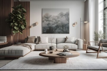 modern living room with a minimalist design featuring a statement wall decor