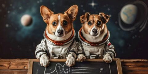Concept of dogs wearing space suit and drawing on blackboard during first trip to space appearing...