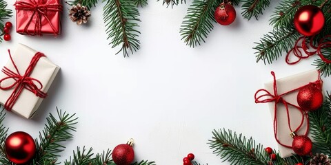 Holiday themed arrangement featuring presents evergreen branches and red ornaments on a white backdrop Illustrating the essence of Christmas winter and the new year Taken from above, Generative AI