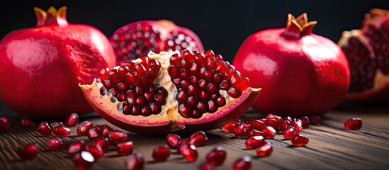 A collection of ripe pomegranates placed on a wooden table, showcasing their vibrant red color and juicy seeds. The fresh fruits are a rich source of antioxidants and vitamins, making them a healthy