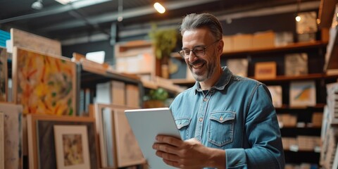 Fototapeta premium Entrepreneur using tablet to check stock in art studio, appearing happy and focused on digital inventory search, Generative AI