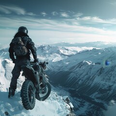 man motorcyclist standing near her enduro motorcycle on snowy mountain top, snow peaks skyline...