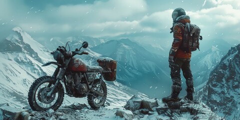 man motorcyclist standing near her enduro motorcycle on snowy mountain top, snow peaks skyline view, high beautiful mountains - obrazy, fototapety, plakaty