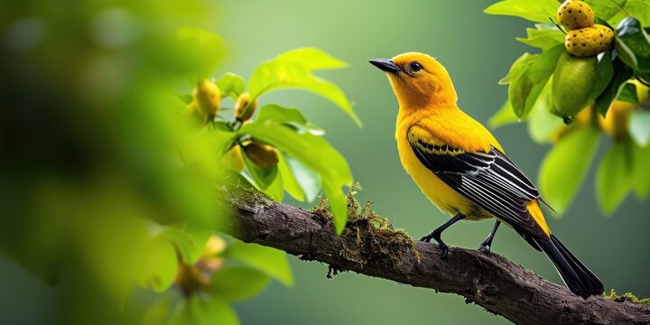 Male Indian golden oriole perched on a tree, Generative AI