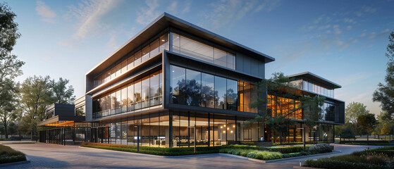 A modern glass and steel office building.