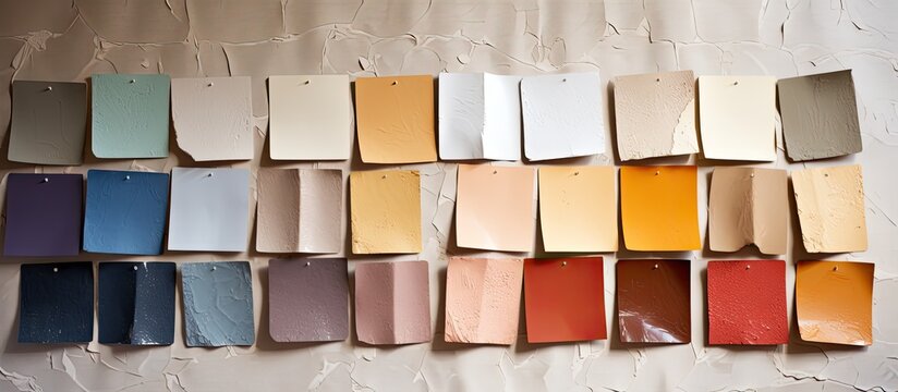 A variety of stucco paint and drywall color swatches are showcased on a wall as part of a building and architecture project. Each color represents a different option for the wall finish.