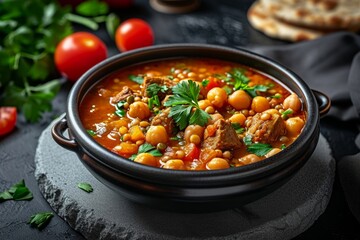 Moroccan Harira Soup in a black bowl on a tabletop made of grey concrete. Moroccan cuisine dish called harira contains lamb or beef, chickpeas, lentils, tomatoes, and cilantro. Generative AI