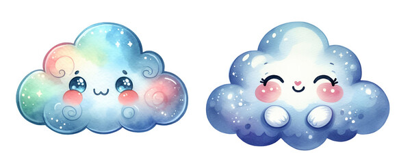 Watercolor blue skies isolated on transparent background. AI