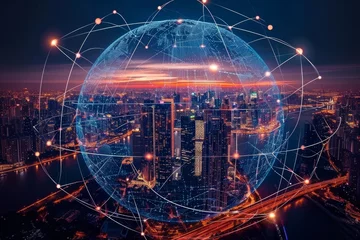 Fotobehang shake with world globe cityscape, abstract vision, and futuristic network links business disruptive partners. connection to 5G Blockchain technology innovation digital transformation, Generative AI © Pooja