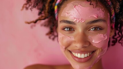 Close up portrait of young black women smiling with pink clay mask on face natural organic skincare beauty shot 