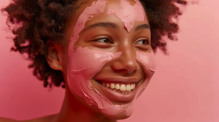 Close up portrait of young black women smiling with pink clay mask on face natural organic skincare beauty shot 