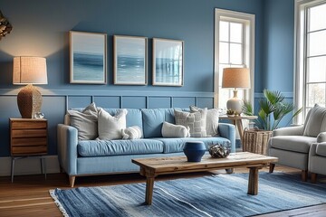 cozy living room with calming blue walls and matching furniture. Generative AI