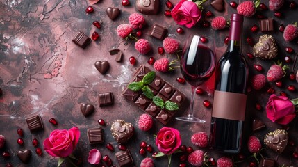 Valentine's card with romantic gift, red wine, hearts chocolate sweet and rose on pink background. View from above. Space for your greetings 