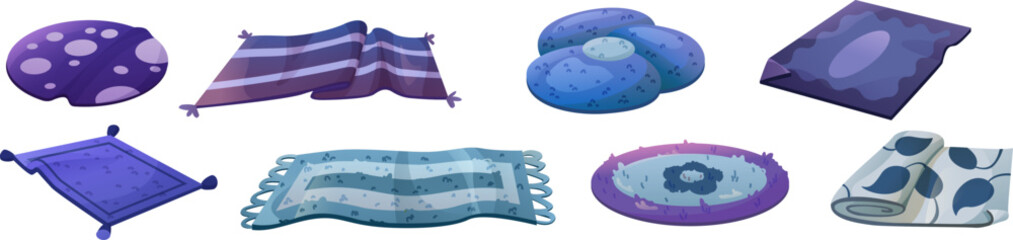 Blue carpet of different shape and size with pattern. Cartoon vector illustration set of cozy round and rectangular fabric cloth rug and mat with tassel and fringed for home floor decoration.