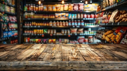 wooden table on a background blur Convenience Stores,Template mock up for display of product  - obrazy, fototapety, plakaty