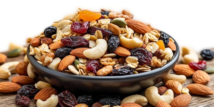 Trail mix or gorp, a compact snack mix meant for hiking, usually contains granola, dried fruit, nuts and occasionally candy, Generative AI