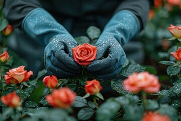 Gardener's gloved hands gently holding a red rose with dew drops.
