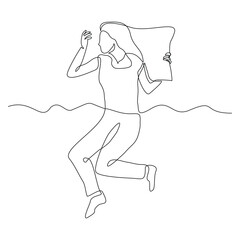 Continuous single line sketch drawing of woman sleeping on pillow bed one line lifestyle vector illustration