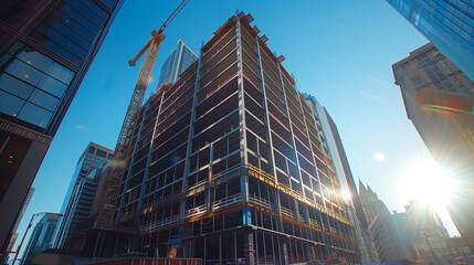 Fototapeta premium Steel skeleton rising up in downtown. New office building construction process.