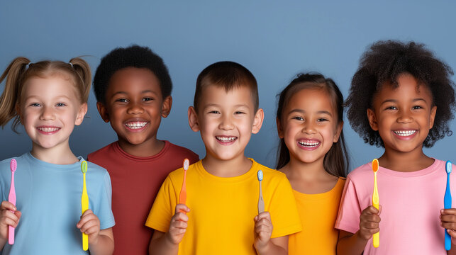 Diverse group of kids in bright shirts holding up toothbrushes and smiling. Concept for good oral health at young age.