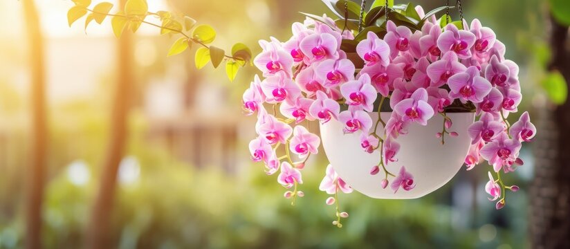 A ceramic hanging planter is filled with lush pink orchids, cascading down gracefully against a backdrop of romantic green bokeh. The delicate flowers sway gently in the breeze, illuminated by the