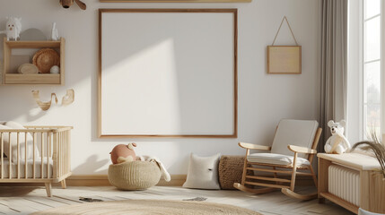 Mock up frame in children room with natural wooden. Generative AI