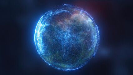 Blue energy magic circle, sphere, ball made of futuristic waves and lines of particles of atomic energy and electricity force field. Abstract background