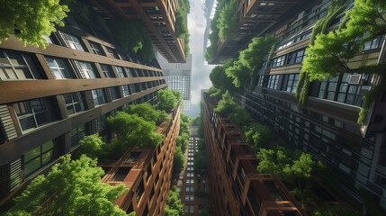 Urban jungle concept of plant covered skyscrapers going up into the sky.