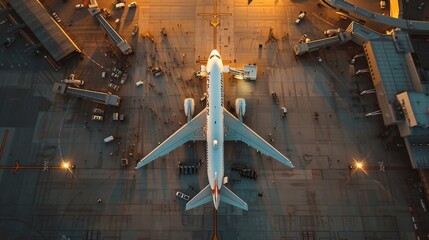 Top-down view of a large passenger airplane at the gate during the golden hour, with airport...