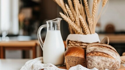 a table topped with bread and a jug of milk next to a loaf of bread and a glass of milk. - obrazy, fototapety, plakaty