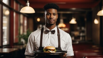 Young African American waiter man hold tray with burger at restaurant