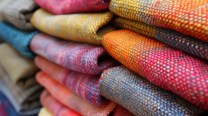 Macro closeup of colorful market textiles folded in large pieces.