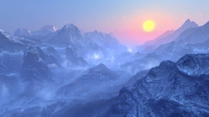 A tranquil winter dawn brings a gentle warmth to the snow-covered mountain range, with the rising...