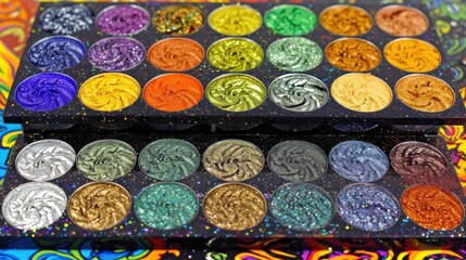 a close up of a multicolored palette of eyeshades in front of a multicolored background.