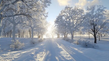 Fototapeta premium The morning sun glistens through a frosty forest, casting a warm light on a snowy path lined with trees covered in sparkling hoarfrost.
