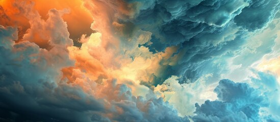 Fototapeta na wymiar Vibrant Sunset Sky with Colorful Clouds Illuminated in Orange and Blue Tones