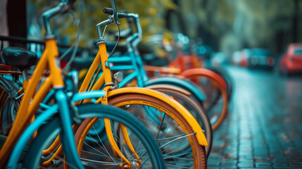 Colorful cruiser bicycles parked in designed bike parking spots in a European city. 