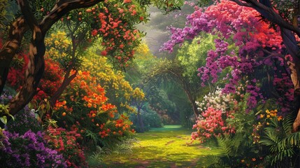 views of colorful flowers and green trees growing abundantly - obrazy, fototapety, plakaty