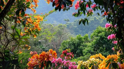 views of colorful flowers and green trees growing abundantly