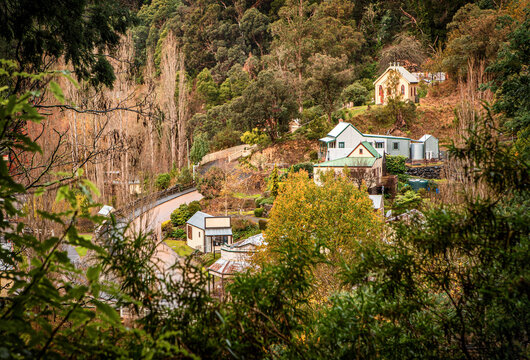 A high-angle view of the Walhalla village in regional Victoria in autumn