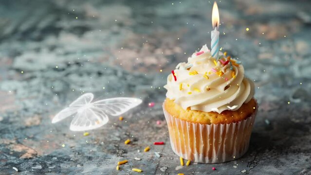 original cupcake with white cream. delicious birthday cupcake with candle and space for light on background. seamless looping overlay 4k virtual video animation background