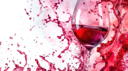 a close up of a wine glass with a liquid splashing out of it on a white and red background.