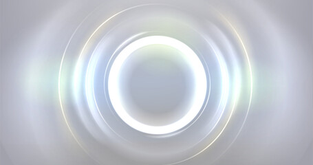 White neon glowing circle. Realistic vector illustration of light lens flare effect of circular shape with bright sparkle and streak. Shiny glare ring with ray and highlight. Luminous round frame.