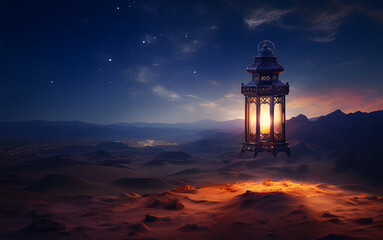 an arabian lantern with burning flame in the desert at night ai generative - obrazy, fototapety, plakaty