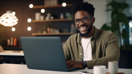A Man in Glasses is Working on His Laptop and Smiling, Fictional Character Created By Generated AI.