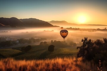 Beautiful mountains, a hot air balloon, and a sunrise among the vineyards of Napa Valley