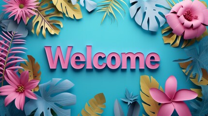 Fototapeta na wymiar Paper Craft Welcome concept creative horizontal art poster. Photorealistic textured word Welcome on artistic background. Ai Generated Hospitality and Greetings Horizontal Illustration.